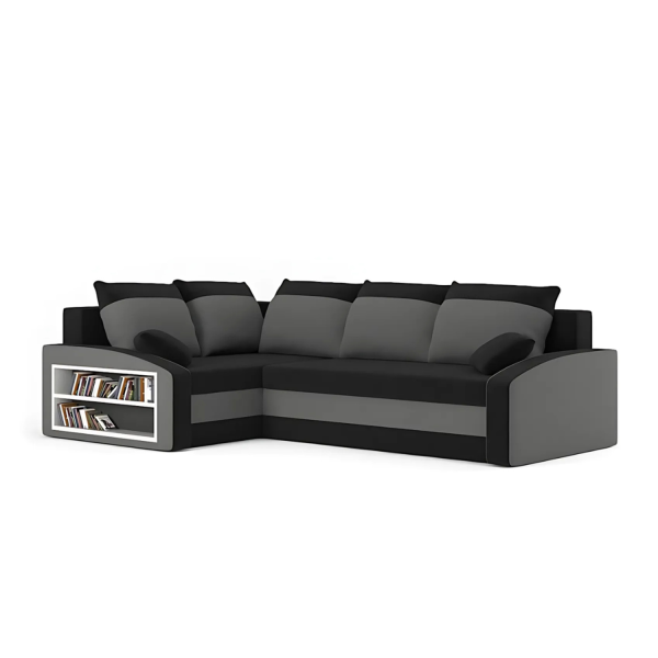 Narożnik Rozkładany z Półkami do Salonu CZARNY, SZARY, LEWY 677619