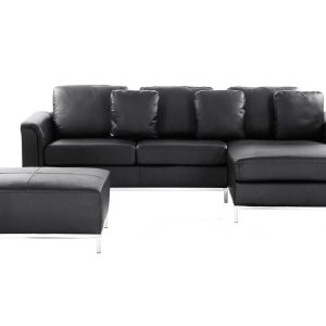 Narożnik sofa skórzana z otomaną czarny 76586 Narożnik sofa skórzana z otomaną czarny 76586