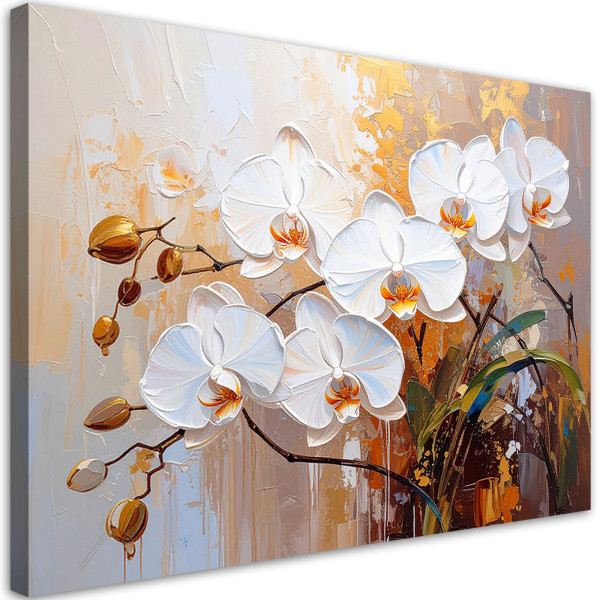 Obraz, Białe Kwiaty Orchideii na abstrakcyjnym beżowym tle 90x60 780555