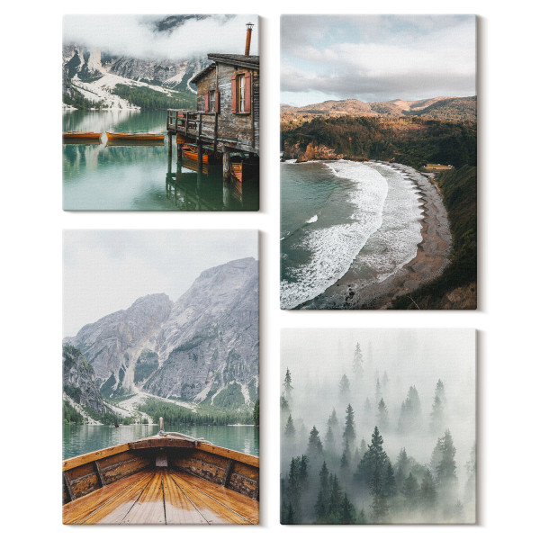 Obraz canvas 4 częściowy Góry jezioro mgła |40x40, 40x60| Wallfluent 797091