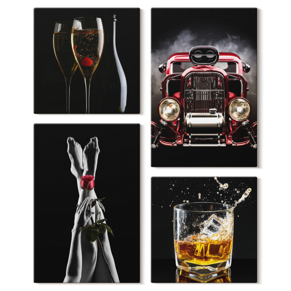 Obraz canvas 4 częściowy Nogi róża auto whisky |40x40, 40x60| Wallfluent 797196