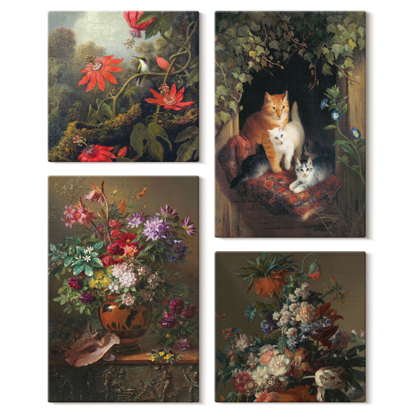 Obraz canvas 4 częściowy Vintage kwiaty koty |40x40, 40x60| Wallfluent 797191