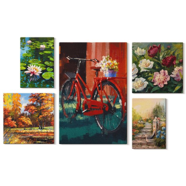 Obraz canvas 5 części Kwiaty i rower|20x30, 30x30, 40x60|Wallfluent 793158