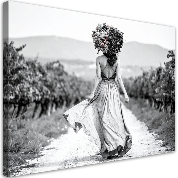Obraz czarno biały do salonu, Kobieta z owocami na głowie 60x40 777517