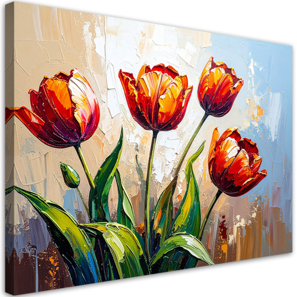Obraz dekoracja, Czerwone Kwiaty Tulipany na beżowym tle imitacja 120x80 776283