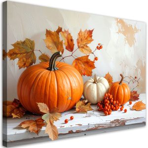 Obraz do kuchni jadalni, Dynie martwa natura liście shabby chic 120×80 888561