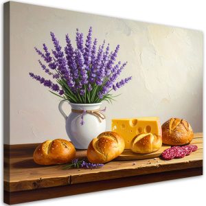Obraz do kuchni jadalni restauracji, Martwa natura lawenda bułki 60×40 887617 Obraz do kuchni jadalni restauracji, Martwa natura lawenda bułki 60×40 887617