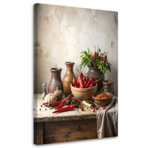 Obraz do kuchni jadalni restauracji, Papryczki chili czosnek dzbanki 40×60 890517