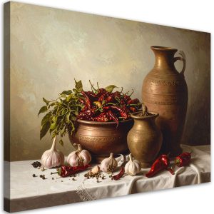 Obraz do kuchni jadalni restauracji, Papryczki chili czosnek dzbanki 60×40 887137