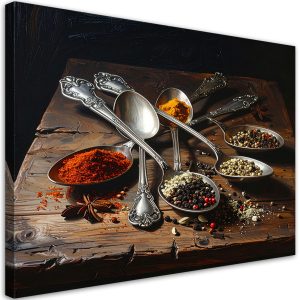 Obraz do kuchni restauracji baru jadalni, Przyprawy na srebrnych 45×30 889784 Obraz do kuchni restauracji baru jadalni, Przyprawy na srebrnych 45×30 889784