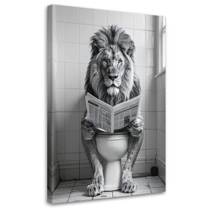 Obraz do łazienki wc, Humorystyczny lew czytający gazetę 40×60 886112 Obraz do łazienki wc, Humorystyczny lew czytający gazetę 40×60 886112