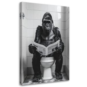 Obraz do łazienki wc, Śmieszna małpa w toalecie gorilla czytająca 40×60 884829 Obraz do łazienki wc, Śmieszna małpa w toalecie gorilla czytająca 40×60 884829