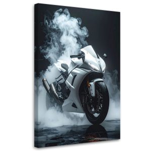 Obraz do pokoju młodzieżowego biura, Motocykł sportowy ścigacz biały 60×90 889704
