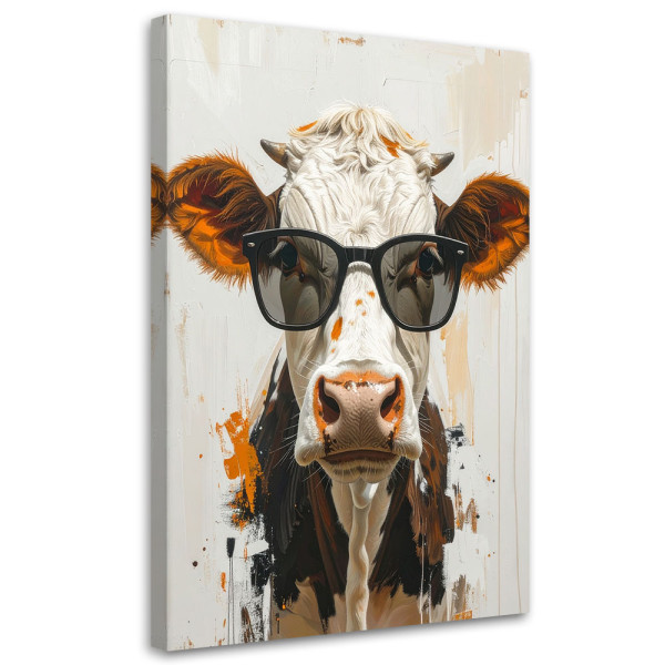 Obraz do pokoju nastolatka dziecka, Krowa w okularach na beżowym tle 30x45 996117
