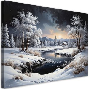 Obraz do salonu jadalni biura, Krajobraz zima śnieg rzeka drzewa 120×80 888146 Obraz do salonu jadalni biura, Krajobraz zima śnieg rzeka drzewa 120×80 888146