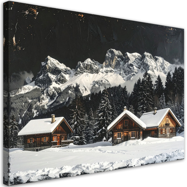 Obraz do salonu jadalni biura, Krajobraz zimowy górskie chaty las 60x40 884144