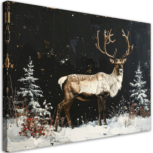 Obraz do salonu jadalni biura, Renifer zima śnieg choinki 30x20 882748