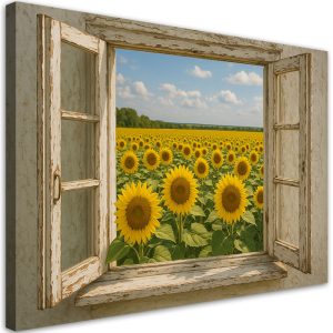 Obraz do salonu jadalni, Widok z okna Pole Słoneczniki Shabby Chic 90×60 780625 Obraz do salonu jadalni, Widok z okna Pole Słoneczniki Shabby Chic 90×60 780625