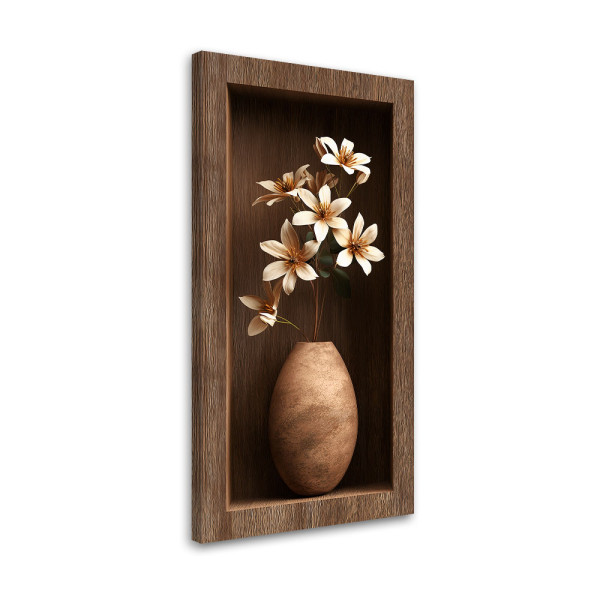 Obraz do salonu przedpokoju, Kwiaty w brązowej drewnianej wnęce 3d 60x120 775927