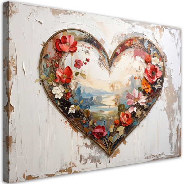 Obraz do salonu sypialni, 3D Serce miłość kwiaty w stylu shabby chic 45x30 884767