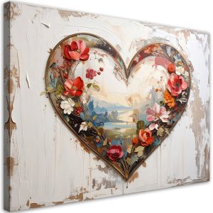 Obraz do salonu sypialni, 3D Serce miłość kwiaty w stylu shabby chic 90×60 891429 Obraz do salonu sypialni, 3D Serce miłość kwiaty w stylu shabby chic 90×60 891429