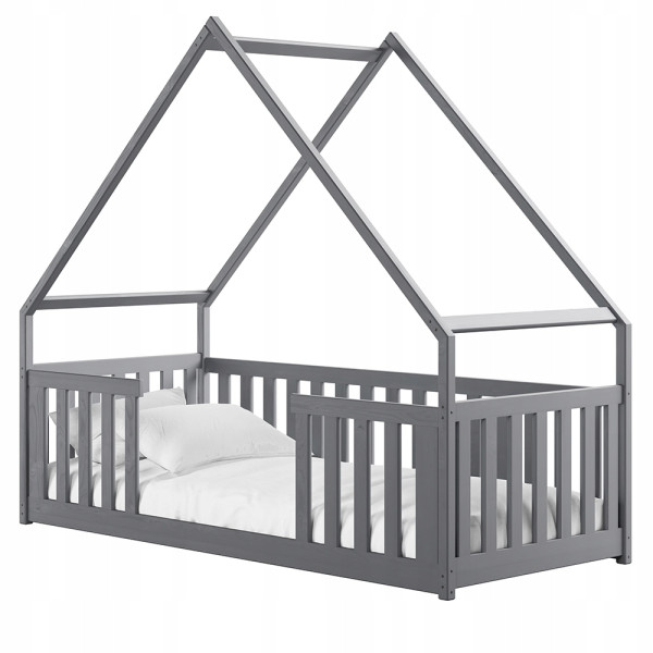 Popielate łóżko domek z barierkami i stelażem flex BEE 80x180 drewniane 848992