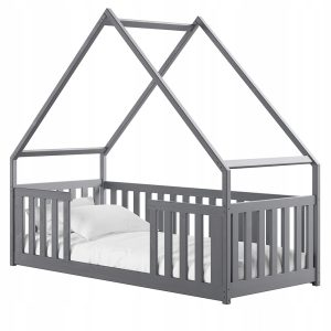 Popielate łóżko domek z drewna sosnowego BEE 80×200 ze stelażem flex 848974