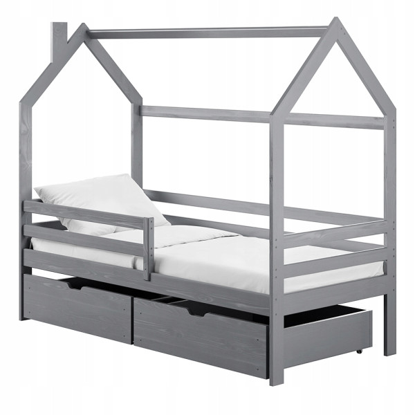 Popielate łóżko drewniane w kształcie domku LILA 80x180 stelaż flex 869134