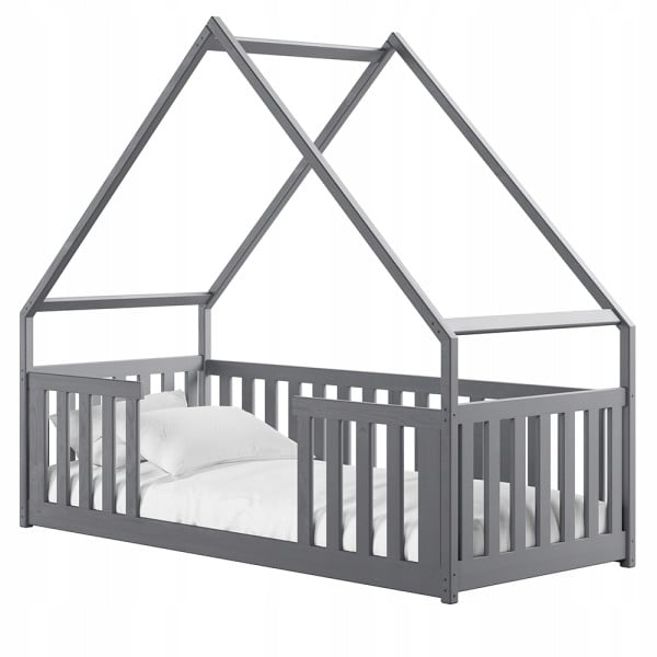 Popielate łóżko podłogowe domek z barierkami BEE 90x180 ze stelażem flex 848962