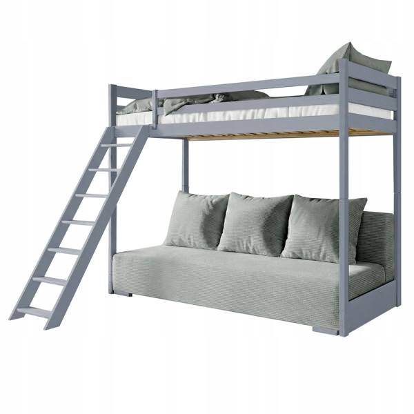 Popielate łóżko z drabiną i antresolą SOFINO 90x200/140x200 z szarą sofą 940568
