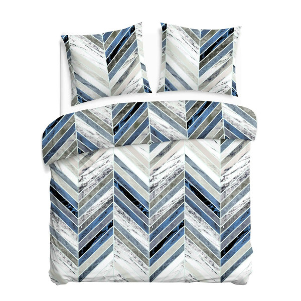 Pościel 220x200 biała niebiesko-szara w geometryczną jodełkę – CottonLove 969739