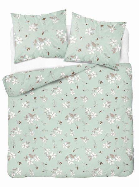 Pościel flanelowa 220x200 Pastel Flowers – miętowa w białe kwiaty i liście 961758