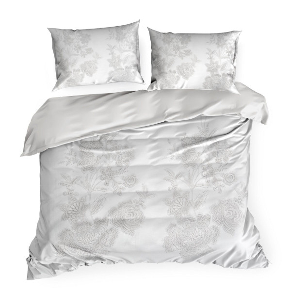Pościel Premium 220x200 + 70x80 biała satyna w kwiatowy wzór 992454