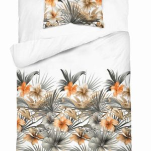 Pościel satynowa 140×200 Biała w kwiaty i palmy 100% bawełna – Home Satin 764043