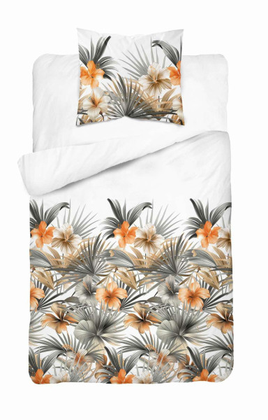Pościel satynowa 140x200 Biała w kwiaty i palmy 100% bawełna - Home Satin 764043