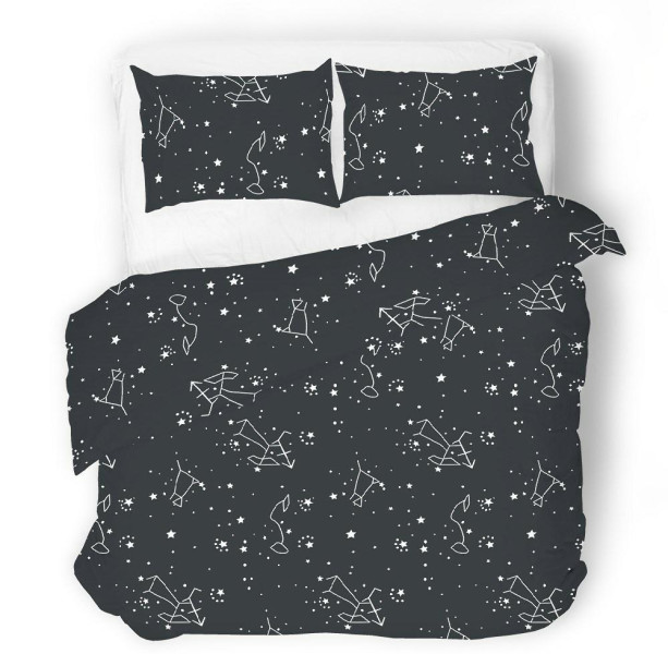 Pościel satynowa 140x200 czarna biała gwiazdozbiór zodiak 98074