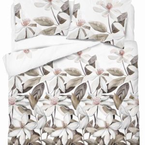 Pościel satynowa 160×200 Biała z beżowymi liśćmi i kwiatami Home Satin 765415 Pościel satynowa 160×200 Biała z beżowymi liśćmi i kwiatami Home Satin 765415