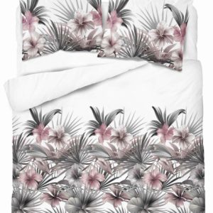 Pościel satynowa 160×200 Biała z liśćmi palmowymi i hibiskusami Home Satin 765420 Pościel satynowa 160×200 Biała z liśćmi palmowymi i hibiskusami Home Satin 765420