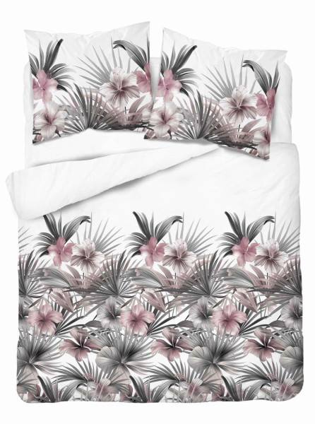Pościel satynowa 160x200 Biała z liśćmi palmowymi i hibiskusami Home Satin 765420