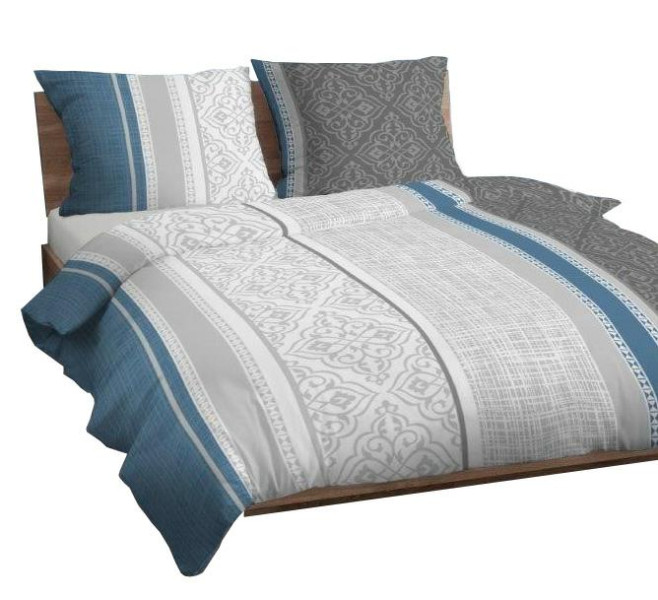 Pościel satynowa 160x200 niebieska szara ornamenty na suwak KARO Satin 774245