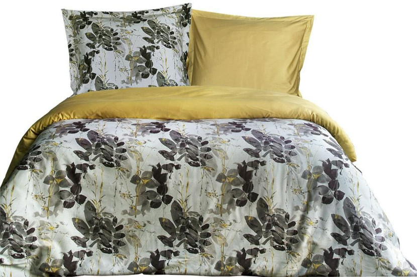 Pościel satynowa 160x200 Olivia w pudełku liście szara Luxury Premium 763112