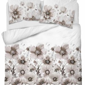 Pościel satynowa 220×200 biała beżowa kwiaty Home Satin 765405