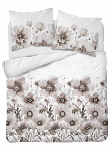 Pościel satynowa 220x200 biała beżowa kwiaty Home Satin 765405