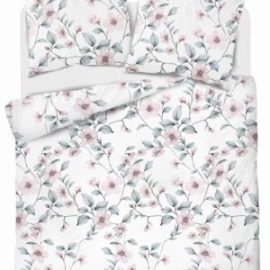 Pościel satynowa 220×200 biała miętowa kwiaty Home Satin 765489