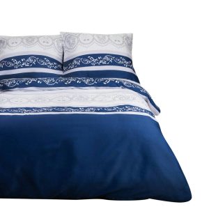 Pościel satynowa 220×200 biała niebieska paski ornamenty Satynlove 763295