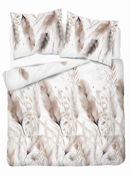 Pościel satynowa 220x200 biała pióra szaro-beżowe - 5541 B - Home Elegance 1065717