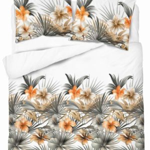 Pościel satynowa 220×200 Biała w pomarańczowe kwiaty i palmy Home Satin 765429 Pościel satynowa 220×200 Biała w pomarańczowe kwiaty i palmy Home Satin 765429