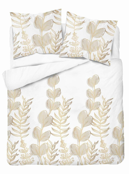 Pościel satynowa 220x200 Biała w złoto-beżowe liście Home Satin 765479