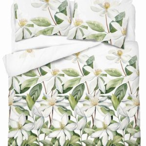Pościel satynowa 220×200 Biała z zielonymi liśćmi i kwiatami Home Satin 765364 Pościel satynowa 220×200 Biała z zielonymi liśćmi i kwiatami Home Satin 765364