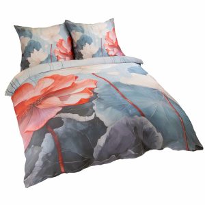 Pościel satynowa 220×200 Kwiaty niebieska czerwona SATYNLOVE PREMIUM 763071